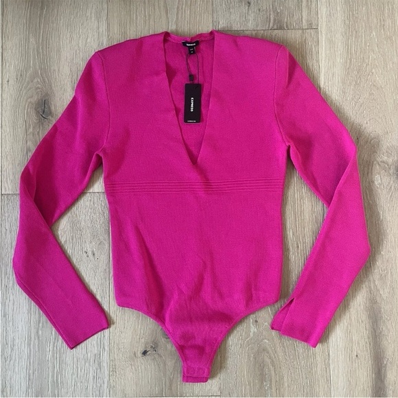 Padded Shoulder Deep V-Neck Sweater Express Bodysuit Neon Berry Sz XS *K8 - Picture 4 of 6